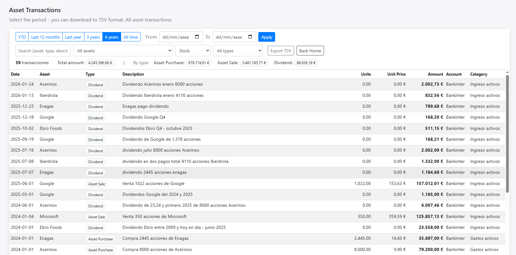 Asset transactions — list and operations (edit/delete)
